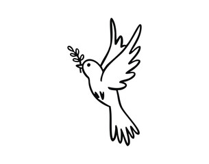 Flying dove with branch line art outline, monochrome hand drawn.