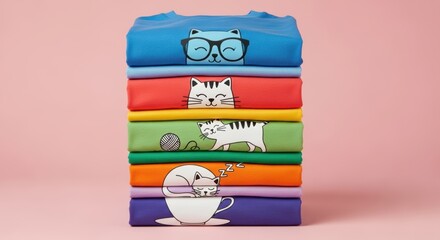 Colorful stack of cat themed t-shirts on pink background with whimsical designs