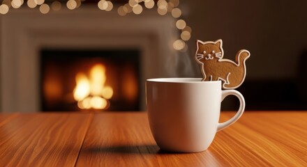 Cozy winter scene with cat-shaped cookie on warm coffee cup by fireplace
