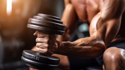 Naklejka premium Zdjęcie przedstawia umięśnionego mężczyznę, który podnosi hantel w siłowni. Dłoń i ramię są napięte, co podkreśla wysiłek i siłę.