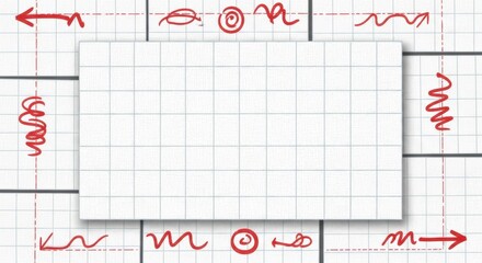 Abstract grid design with red scribbles and arrows on white background