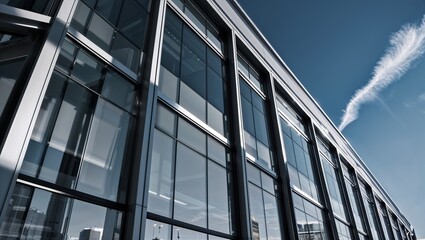 Obraz premium A striking view of a contemporary glass building against blue sky.