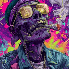 neon skull with sunglasses smoking marijuana weed blunt in graffiti style