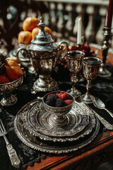 Srebrna zastawa stołowa z owocami i świecami, w gotyckim stylu. Bogato zdobione naczynia na ciemnym, aksamitnym obrusie.