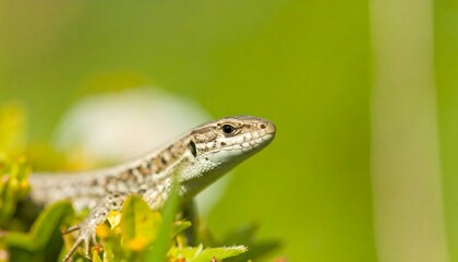 Naklejka premium European lizard basking in the sunlight, on green vegetation background
