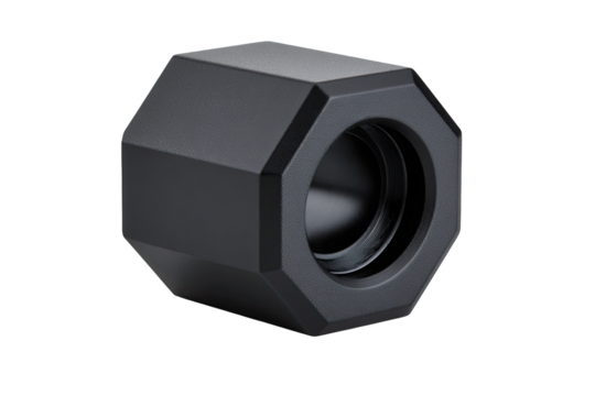 Black plastic hexagonal nut, studio shot, isolated background, industrial part