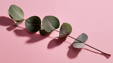 Fototapeta premium Eucalyptus branch with round green leaves casting shadow on pink background