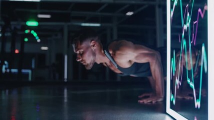 Muscular athlete executing push ups beside digital performance tracker, highlighting fitness technology within modern training environment - Powered by Adobe