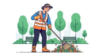 Community Cleanup: A dedicated street cleaner diligently sweeps fallen leaves, embodying the spirit of civic duty and environmental care in a bustling city park setting.