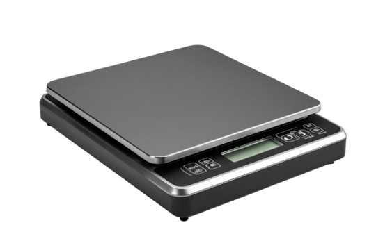 Digital kitchen scale weighing food, studio shot