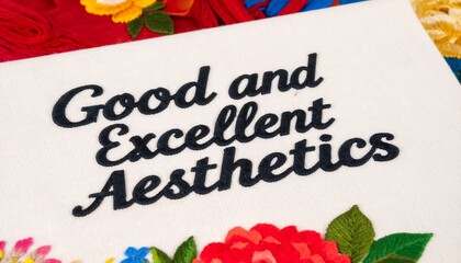 Embroidery showcasing the phrase 'Good and Excellent Aesthetics' with floral elements
