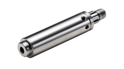 Precision machined metal part on white background, industrial setting