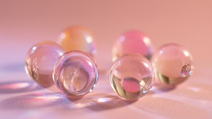 Transparent glass spheres with soft pink and golden reflections on pastel background