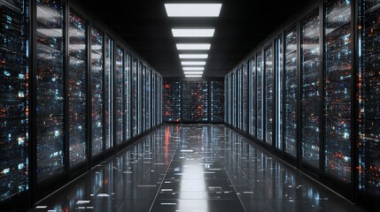 Immersive datacenter corridor with glowing server racks and reflective floor, conveying advanced technology, data storage, and digital infrastructure.