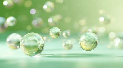 Transparent green bubbles floating in soft light with fresh nature background
