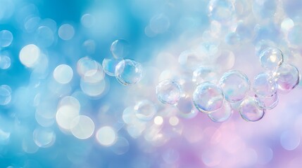 Transparent soap bubbles with colorful bokeh light on blue pink background