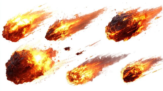 Fiery meteorites blaze through space leaving trails of incandescent light and smoke, dramatic cosmic event impacting the atmosphere with intense heat and energy.