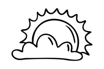 Partly cloudy weather icon as monochrome line art doodle, clean outline and contour, hand drawn.