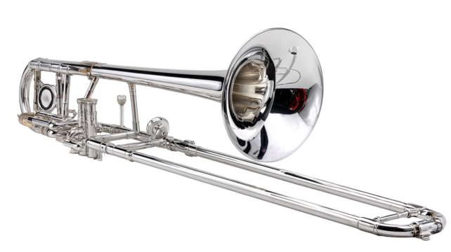 Polished chrome trombone angled view