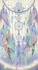 Dreamcatcher with hamsa and feather charms in pastel colors on light background