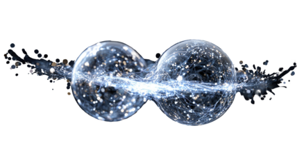 Two interconnected, glowing spheres, emitting ethereal energy.  Particles stream between and around the orbs