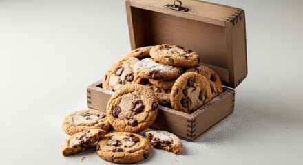 Freshly baked chocolate chip cookies in rustic wooden box on white background