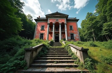 Derelict villa with grand stone steps ascends through overgrown forest in Italy. Weathered red facade, aged architecture, crumbling estate exude mystery, forgotten history. Nature reclaims grand,