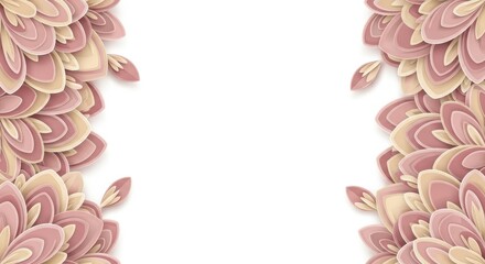 Elegant floral paper art border with pastel layered petals on white background