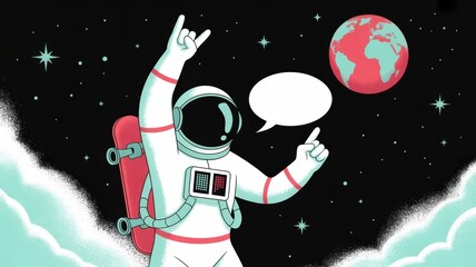 Astronaut communicating in space with speech bubble and earth view