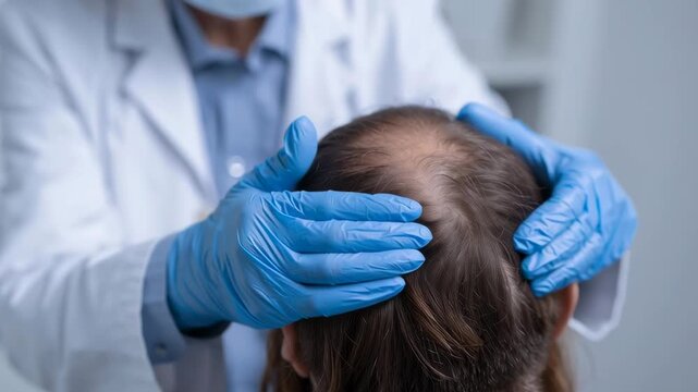 A doctor is examining a balding man's head. The doctor is wearing gloves and a white coat