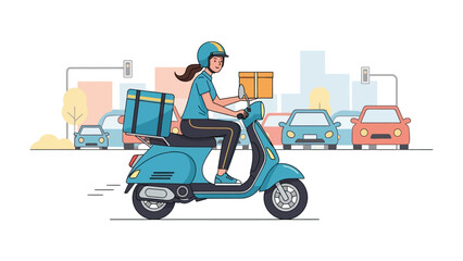 Delivery rider in city: An illustrative image of a delivery rider zipping through a city street on a scooter, box in hand.