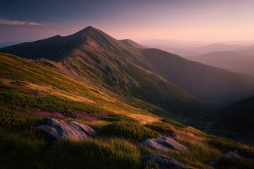 experience enchanting summer landscape featuring breathtaking rocks and mountains during sunset