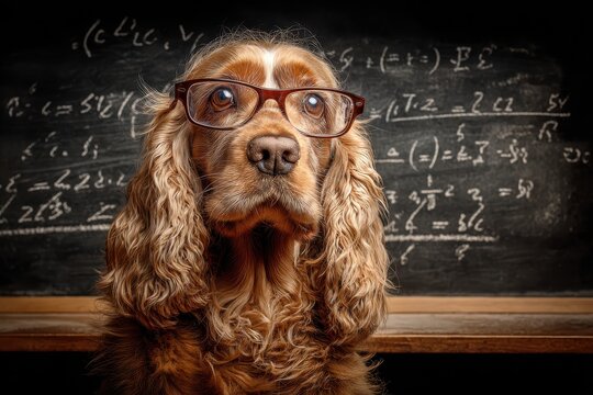 Whimsical Cocker Spaniel in Glasses: A Hilarious Take on Math Lessons at the Blackboard