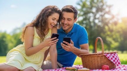 Woman and man sharing a laugh while looking at their phones on a summer picnic. Couple enjoying outdoors, social media mobile concept footage.