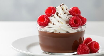 Decadent chocolate dessert with whipped cream and fresh raspberries in glass cup