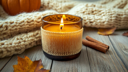Autumn cozy setup with aromatherapy elements: candle, pumpkins, wool sweater, cinnamon, and leaves on wooden surface, grey morning ambiance