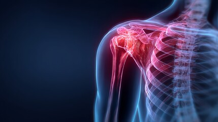 Stunning 3D render of human shoulder joint with inflammation and pain highlighted in vibrant red, perfect for medical and science communication