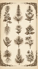 Vintage botanical illustration of medicinal plants with roots and leaves