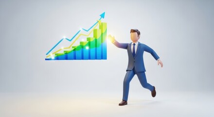 Businessman chasing success with rising graph in modern business concept