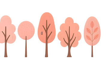 Soft pink pastel woodland cartoon trees in whimsical enchanted style illustration perfect for nursery art and storybooks