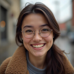 Portrait of a smiling young woman with glasses wearing brown coat on city street