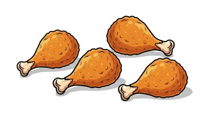 Cartoon fried chicken legs on white background: tasty juicy drumsticks with crispy texture