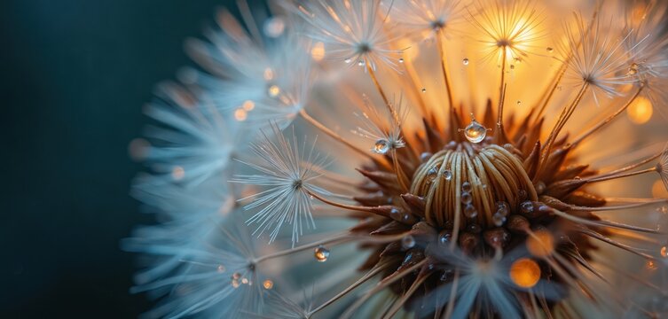 Macro shot of dandelion seed head covered in water droplets. Delicate white seeds contrast with brown center. Soft bokeh background with warm orange light, cool blue tones. Freshness of nature