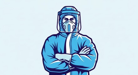 Intense protective gear and suit: determined stance in blue hazmat outfit