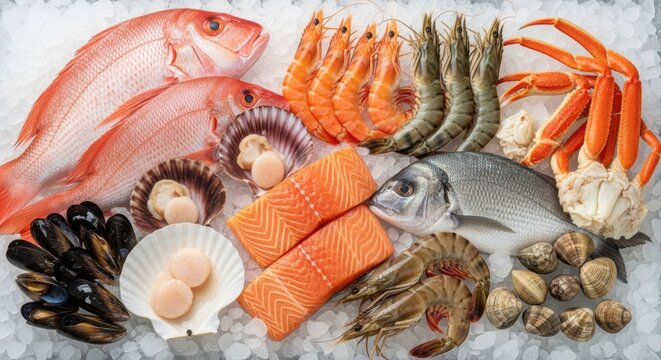 Fresh assorted seafood on ice displaying vibrant colors and textures