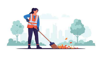 City's Guardian of Cleanliness: In this vibrant illustration, a diligent city worker uses broom to sweep away leaves, showcasing dedication to urban upkeep and environmental care. 