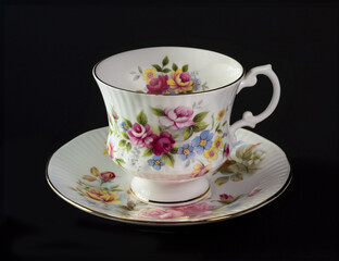 Beautiful teacup with flowers and white handle