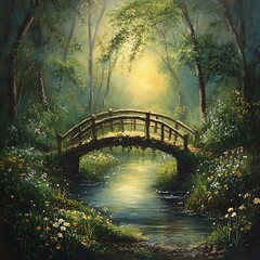 Peaceful woodland scenery with wooden bridge high resolution picture