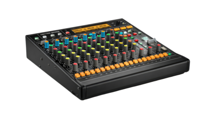 Audio mixing console with numerous knobs and faders