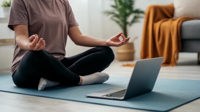 Woman meditating in lotus pose on yoga mat at home, using laptop for online yoga class or guided meditation footage.
